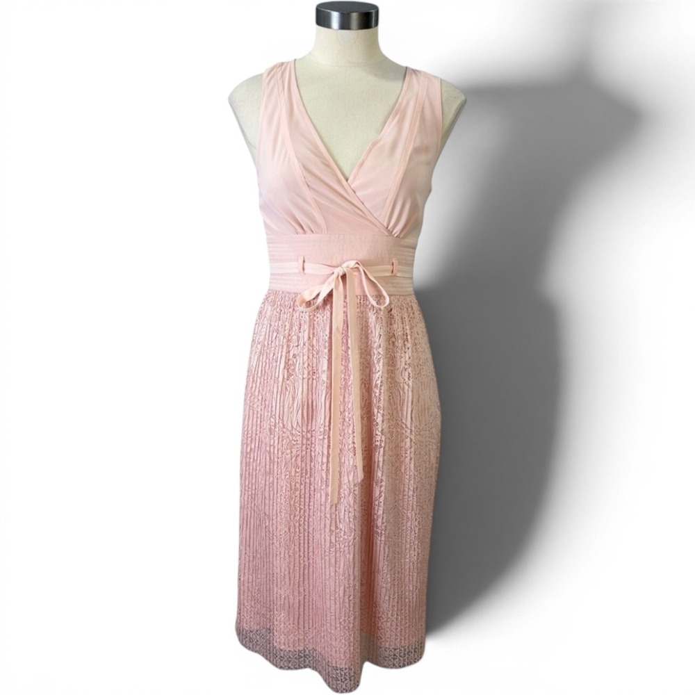Leifsdottir Blush Pink Wrap Pleated Lace Midi Dress Tie Waist 2 Pastel Soft Girl
